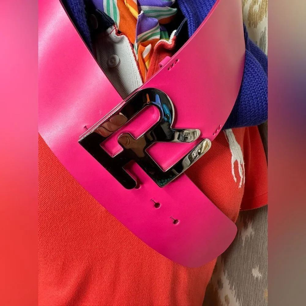 Ralph Lauren Collection Wide Stacked RL Monogram Buckle Peony Pink Calfskin Belt